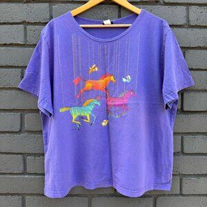 VTG USA Made Sabaku Artwear Bird Horses Marionette Short Sleeves Top Purple 1X